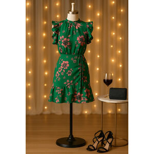 Sam Edelman Green Pink Floral High Neck Ruffle Dress Size 2 Wedding Guest Party